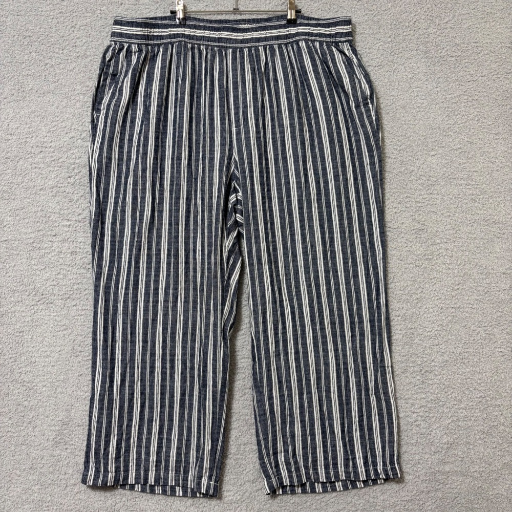 Linen Blend Wide Leg High Rise Pants Elastic Waist Striped Coastal Casual 3X